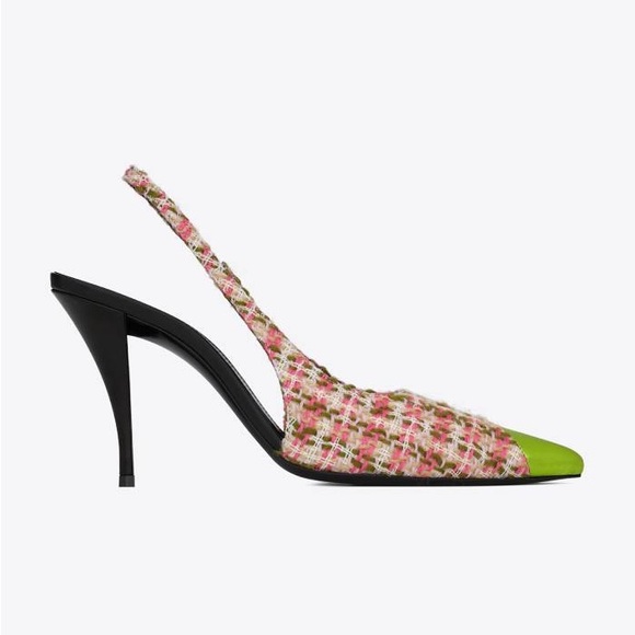 SAINT LAURENT Vesper 90 Tweed Slingback Pumps Pink Green - Picture 1 of 5